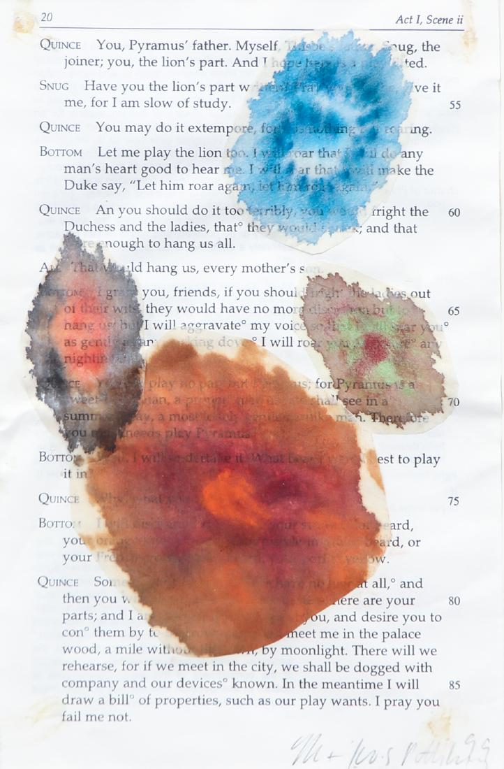 Tim Rollins + K.O.S. Watercolor on Book Page: Rollins, Timothy William + K.O.S. (American, 1955-2017), watercolor on book page from Shakespeare's Midsummer Night's Dream, dated 1999, signed and dated in pencil lower right, 8" x 5" in a thin woode