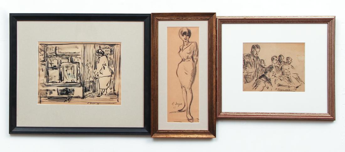 Group of 3 Clyde Singer Drawings: Singer, Clyde (American, 1908-1999) group of three charcoal drawings of various subjects: woman in dress, signed and dated lower left (1956), 12.75 x 4.25 inches in a gold frame 16.5 x 8.5 inches; wom