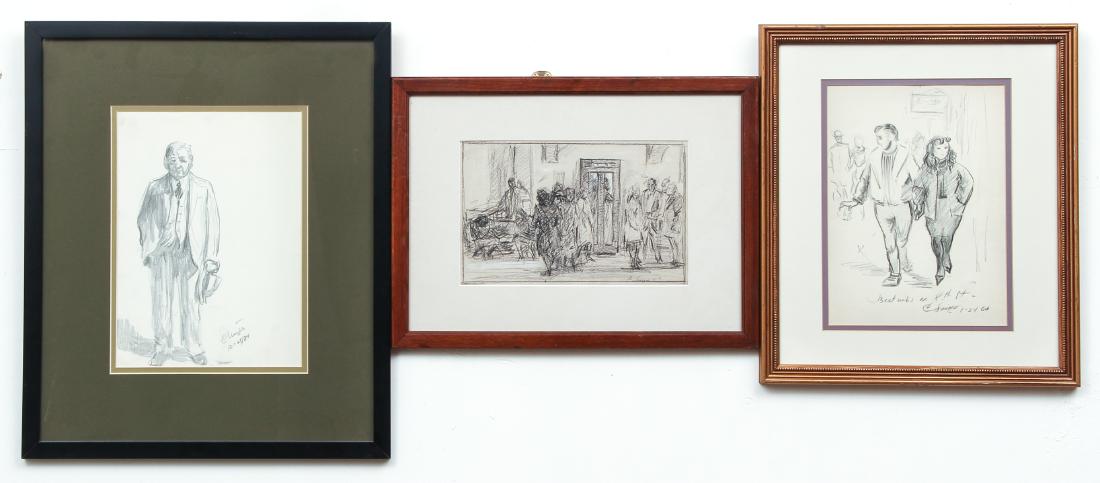 3 Clyde Singer Drawings: Singer, Clyde (American, 1908-1999) group of three pencil drawings of various subjects: man in suit, signed and dated lower right (Oct 25, 1984), 11 x 7.75 inches in black frame 18.75 x 15.75 inches;