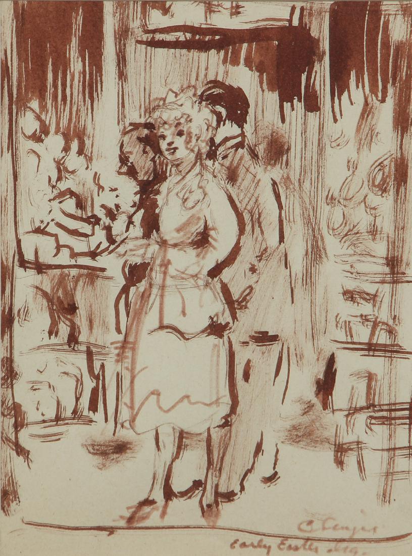 Clyde Singer ink wash drawing Early Easter: Singer, Clyde J. (American, Ohio 1908 - 1999), Early Easter, ink wash, 8.5 x 6 inches, signed lower right, framed in a black wood frame 15 x 12 inches, acquired from the artist