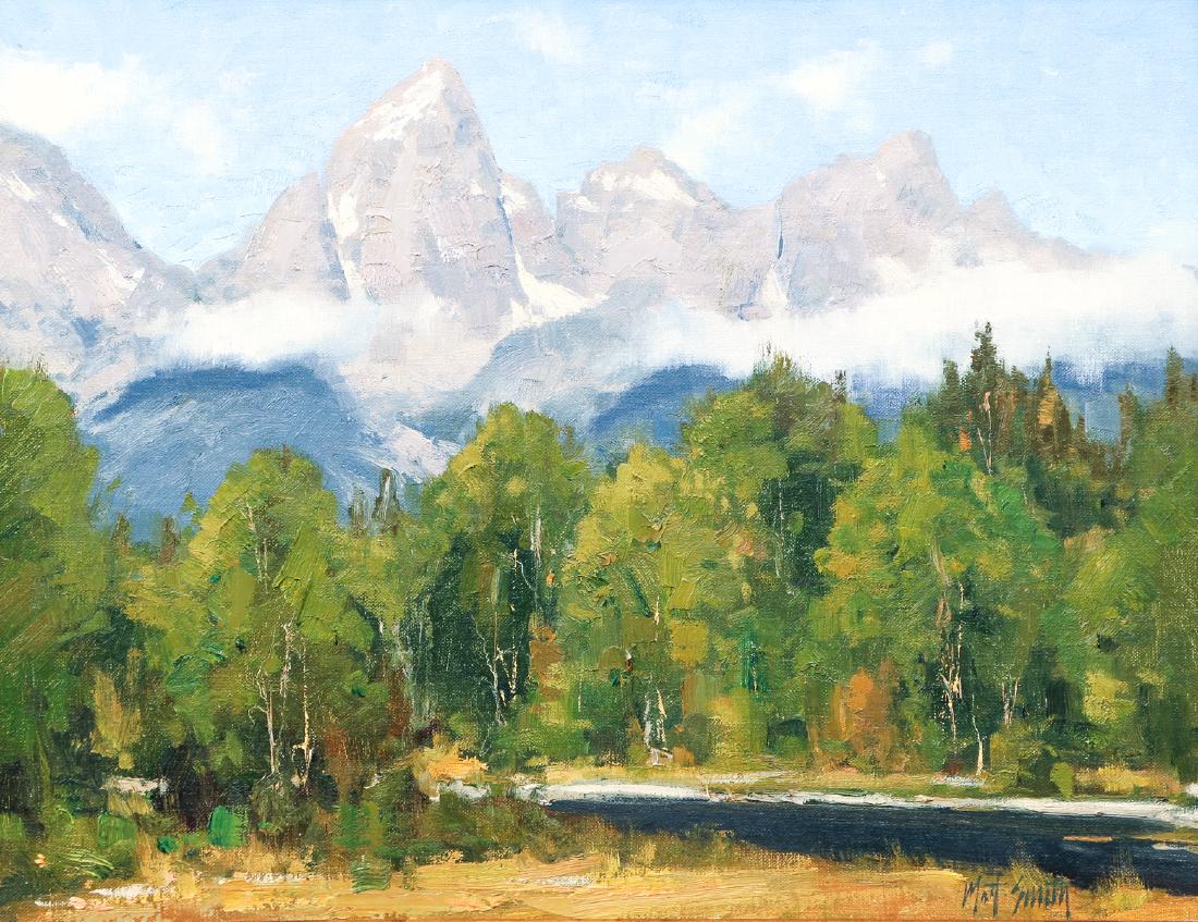 Matt Smith Summer Morning Painting: Smith, Matt (American, b. 1960), oil on canvas, titled "Summer Morning - Snake River," signed lower right, signed, titled, and dated (1996) on verso, 13.5" x 17.5" in a gold frame measuring 18" x 22".