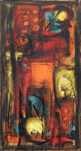 Salah Taher Abstract painting 1966: Taher, Salah (Egyptian, 1911-2007), Abstraction, 1966, oil on canvas, 44 x 24 inches, signed and dated lower left by Taher in Arabic and English, framed in a gold floater frame measuring 45 x 25.5 inc