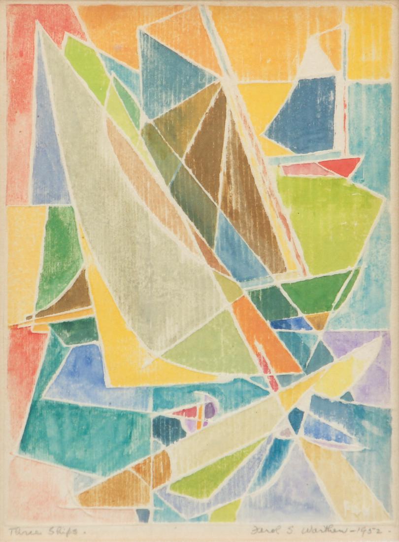FEROL SIBLEY WARTHEN white line woodcut Three Ships: WARTHEN, Ferol Sibley, (American, 1890-1986): Three Ships, 1952, white Line Woodcut, image size 6.5 x 4.75 inches, signed, titled, dated along the lower margin, with notation on the reverse "Three Shi