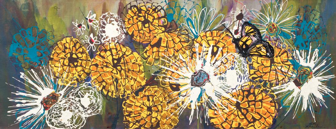 Ruth Wickerham acrylic on canvas: Wickerham, Ruth (20th Century American), acrylic on canvas depicting abstract flowers, untitled, signed lower right, 13" x 31" in a cream and gold wooden frame.