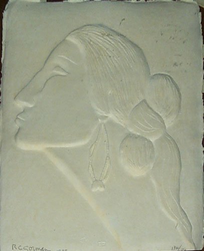 Gorman, R. C.: Head of a Woman, 1985 Artist: Gorman, R. C. Medium: Cast Paper Relief Dimensions: 19 x 15 1/2 inches Signature: Pencil signed and numbered Edition number: 136 / 150 Condition: In good condition with p