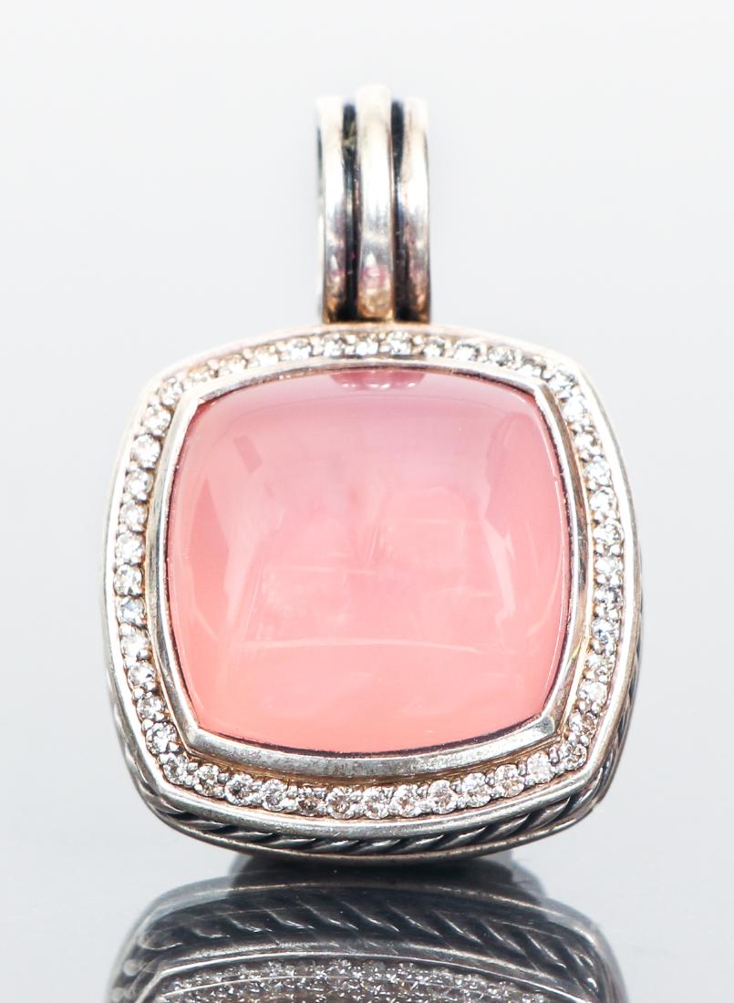 David Yurman Rose Quartz and Diamond Pendant: David Yurman cabochon rose quartz, diamond and sterling pendant, 1 inch by 1 inch excluding bale.