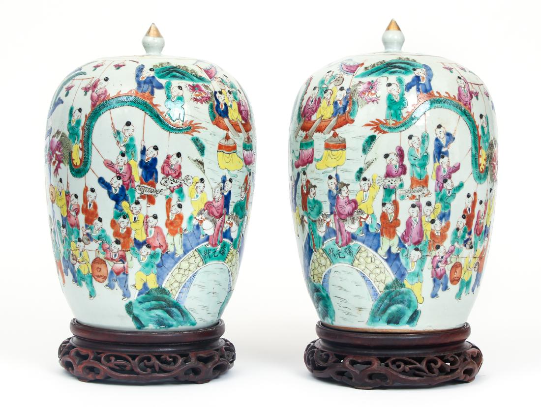 Pair of Antique Lidded Chinese Ginger Jars: Pair of antique lidded Chinese ginger jars, 13 inches, on wood stands, 2 1/4 inches.