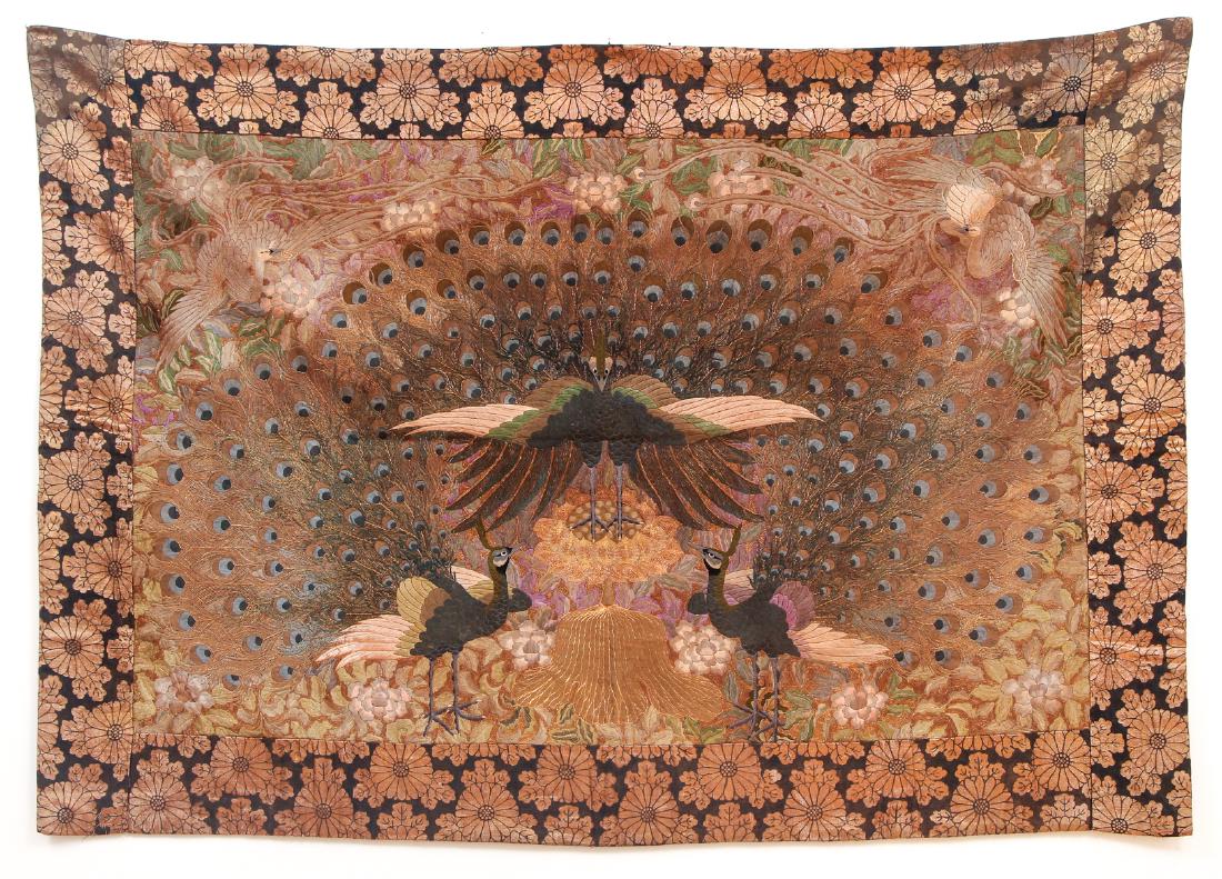 Exceptional Japanese Meiji Peacock Embroidery: Exceptional Japanese Meiji period embroidery tapestry featuring a large peacock with the tail displayed and standing on a lotus plant, with two attendant peacocks and two peahens, with suggestions of 