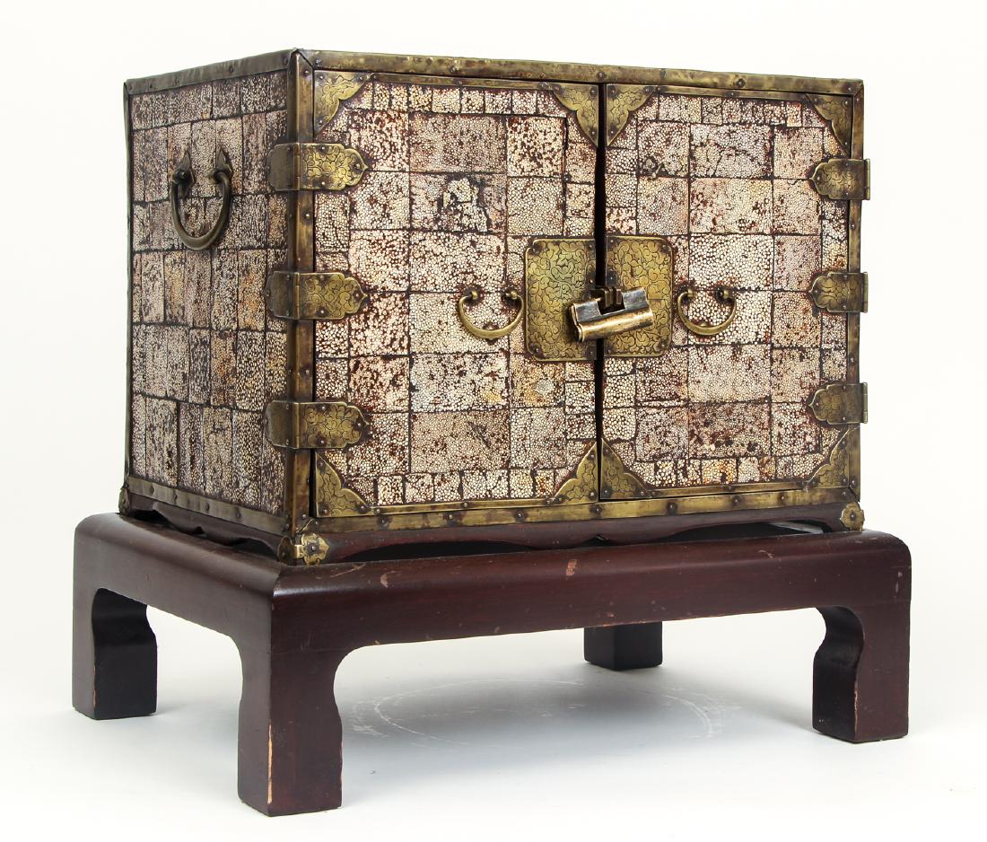 Korean Fish Skin Box on Stand: Korean fish skin box on stand, with lock, measuring 19 by 20 by 14 inches.