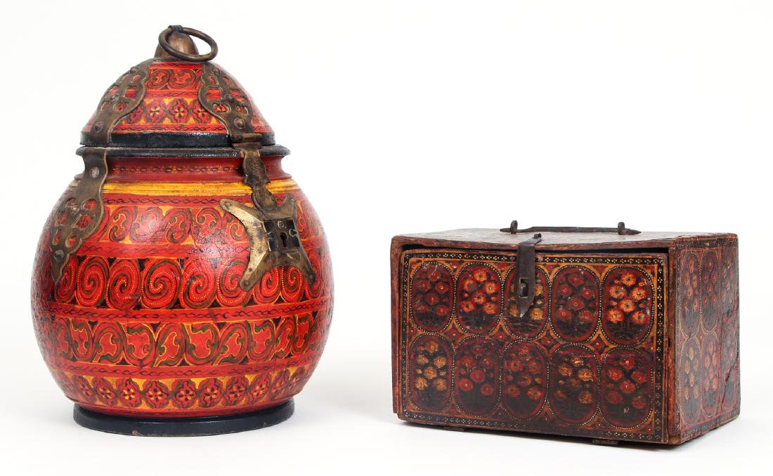 Two Indian Decorative Boxes: Two Indian decorated boxes, one square measuring 7 by 7 by 10 inches, and the other gourd shaped measuring 13 by 9 inches.