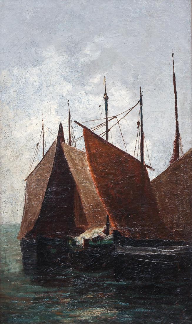 French Fishing Boats Attributed to Joseph Woodwell: Woodwell, Attributed to Joseph (American, Western PA Scalp Level, 1843 - 1911), oil on canvas, titled 'French Fishing Boats,' unsigned and undated, includes photographs of official stamps from JJ Gill