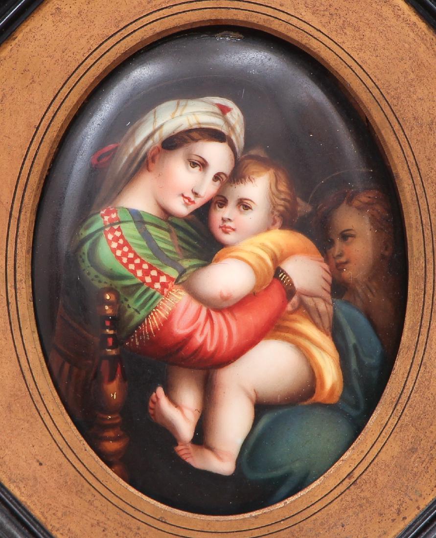 Madonna and Child in Chair, painted porcelain: 19th Century Painted Porcelain School, Madonna and Child in Chair with Angel in the Background, late 19th or Early 20th Century European School, 4.5 x 3.5 inches, with specimen marble with brass frame