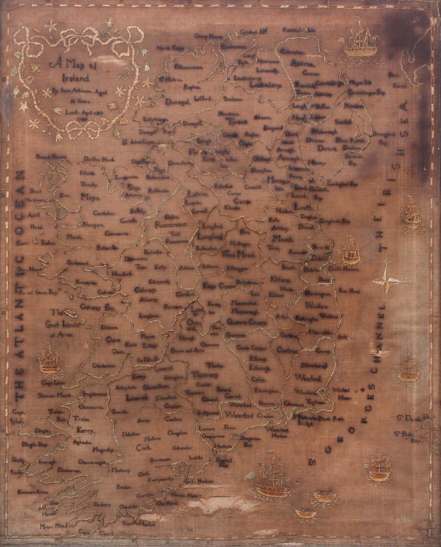Framed Antique Needlework Map of Ireland by Jane: Atkinson, Jane, framed under glass detailed antique needlework map of Ireland on linen, signed in needlework by Jane Atkinson, reads 'Aged 12 years, Leeds, April 29th, 1789".