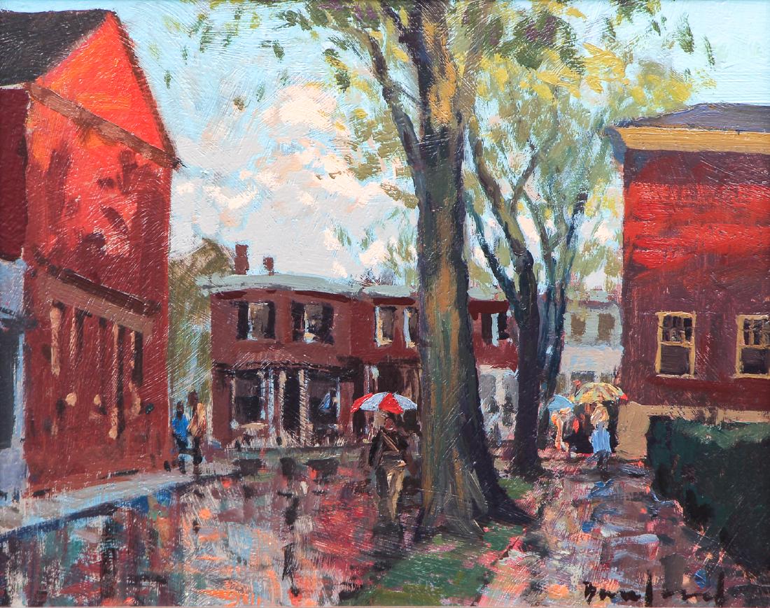 David Bareford, Petty Coat Row: Bareford, David (American, b. 1947), untitled oil on canvas painting, titled 'Petty Coat Row', signed lower right, 7.5" x 9.5" in a gold wooden frame measuring 14" x 16". Provenance: The estate of Ric