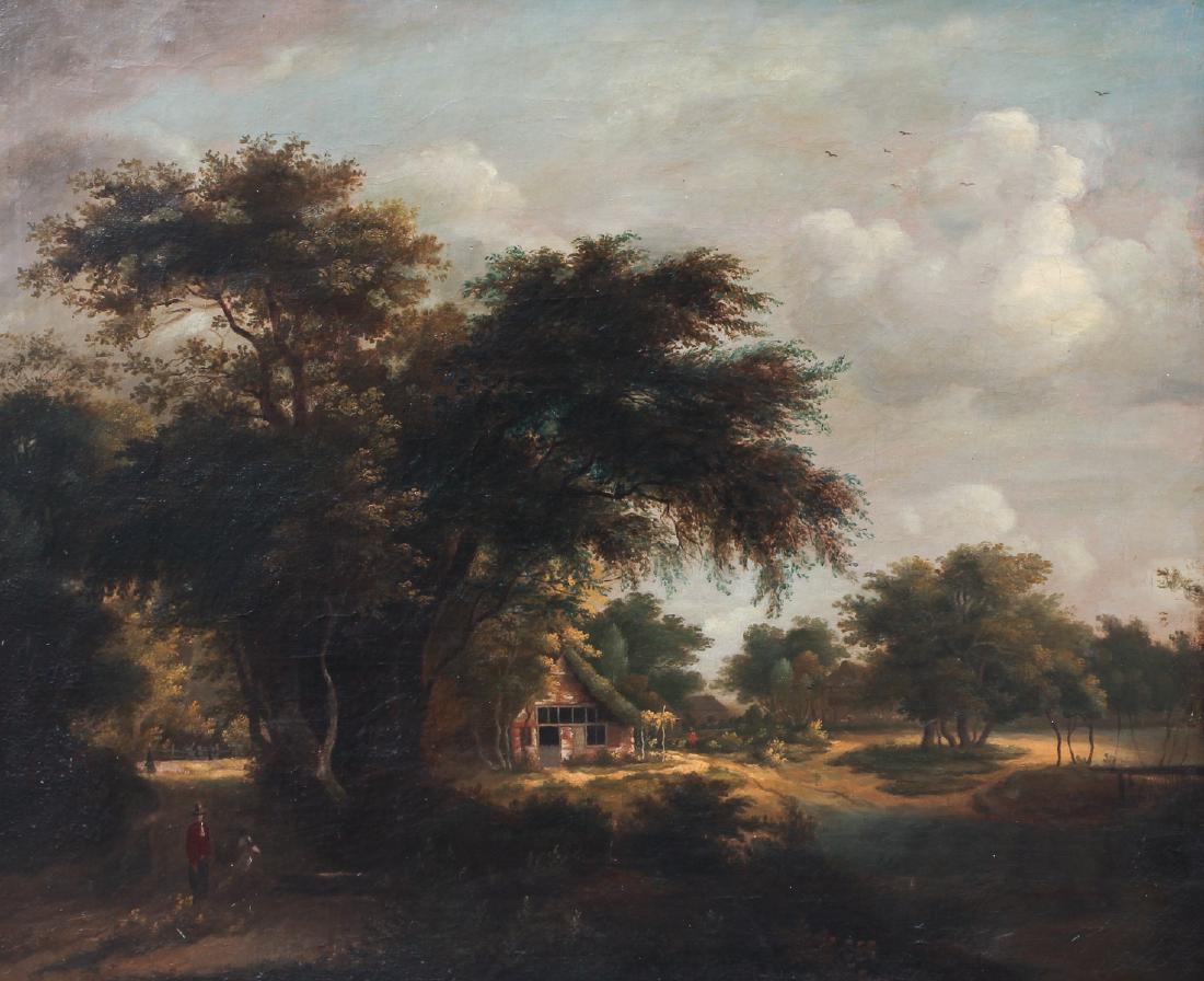 Oil on Canvas in the style of John Constable: Constable, John, style of (British, 1176-1837) landscape with country village and figures, in the style of John Constable, oil on canvas 19 1/2 by 23 1/2 inches, in a gold frame measuring 26 by 31 inc