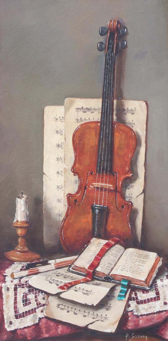 Arisztid Szendy Still Life with Violin painting: Szendy, Arisztid (Hungarian 1903 - 1972), Still life of Violin and Sheet Music on a Tabletop, oil on canvas, 24 x 12 inches, signed lower right, framed in a French gilt frame with linen liner measurin