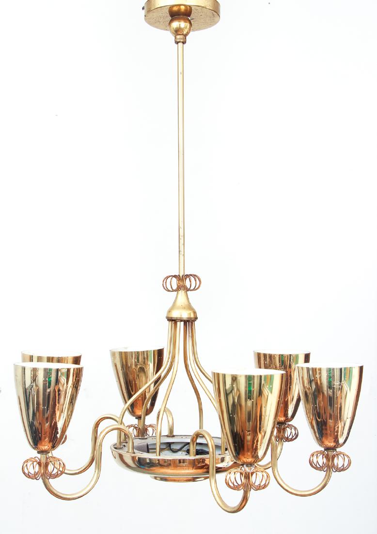 Paavo Tynell Attributed Six Light Fixture: Paavo Tynell six light pendant lighting fixture for Lightolier, measuring 30 by 22 1/2 inches.