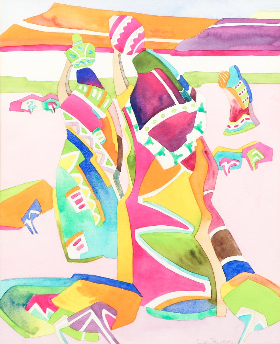 Lucy Burns Neon Watercolor: Burns, Lucy, abstract framed watercolor under glass, depicting two women in brightly colored clothing carrying water jugs atop their heads, untitled, pencil-signed 'Lucy Burns' lower right, 14.5" x 11