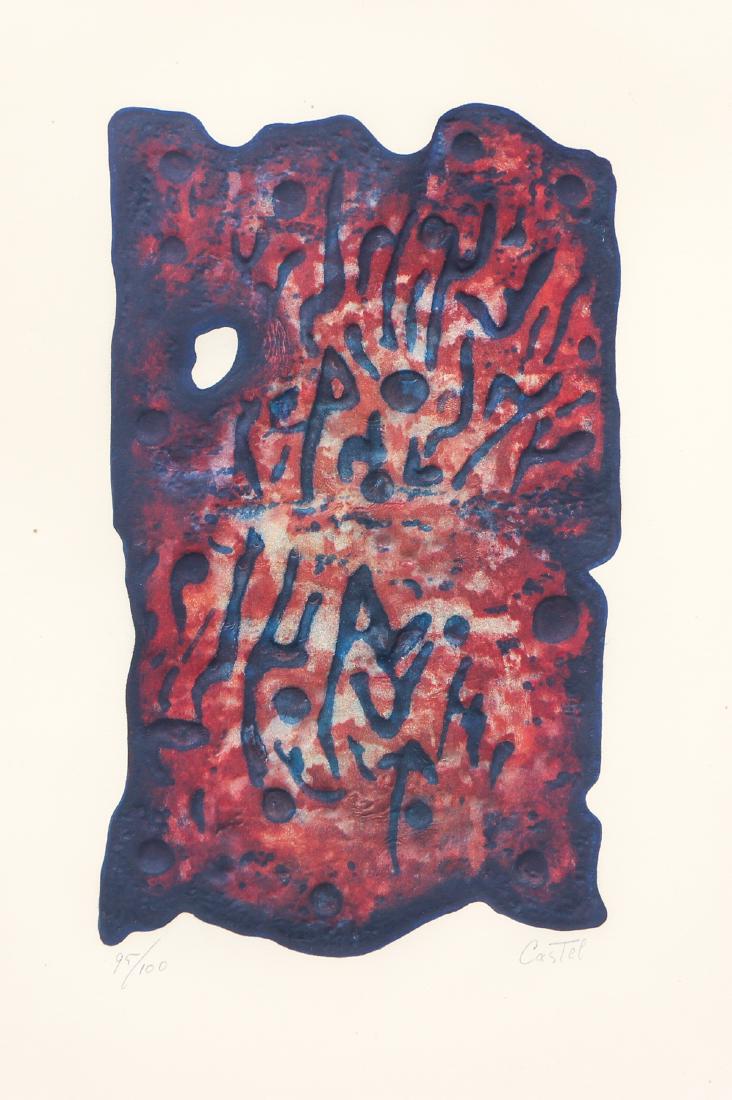Moshe Castel Abstract in Red and Blue: Castel, Moshe (Israeli 1909-1991), Untitled Abstraction, etching and embossing in colors, 12.5 x 7.75 inches on a larger sheet, pencil signed and numbered 95/100, framed in a metal frame measuring 27