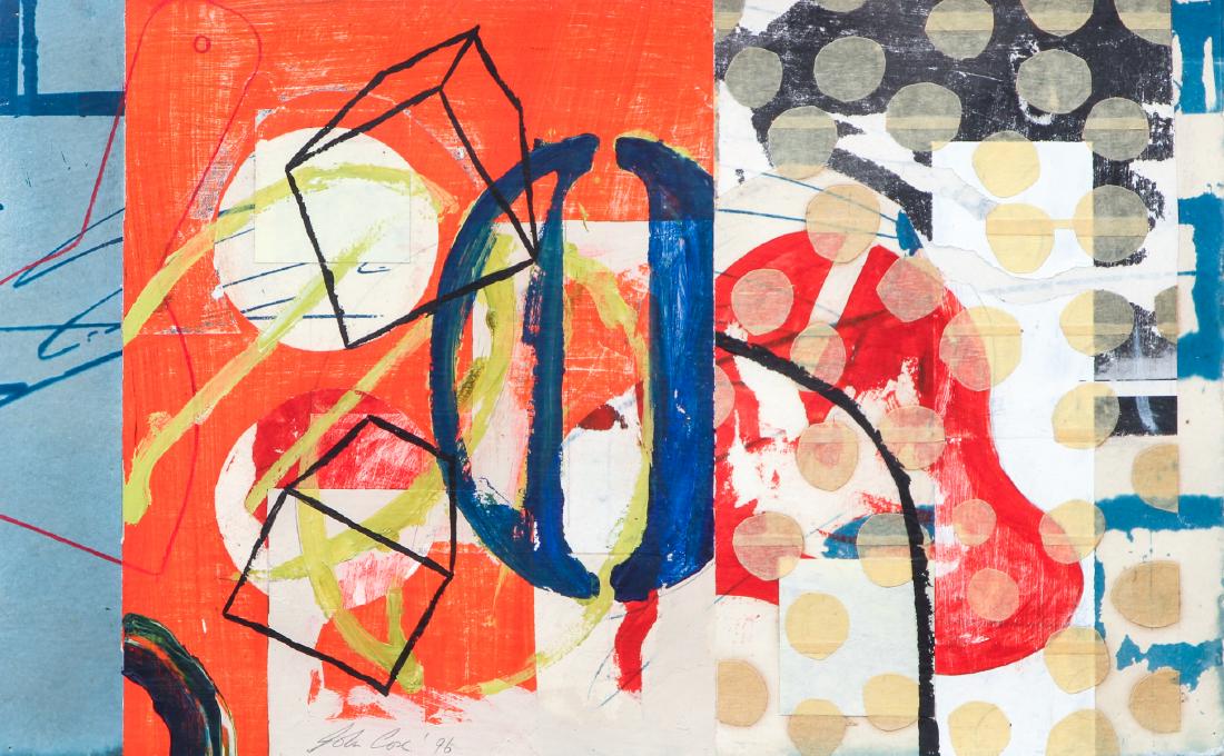 John Cox Mixed Media Collage: Cox, John (Bahamian, b. 1973) framed mixed media collage under glass, pencil-signed and dated ('96) lower left, collage measures 10" x 16" in a thin black frame measuring 12.25" x 18.25".