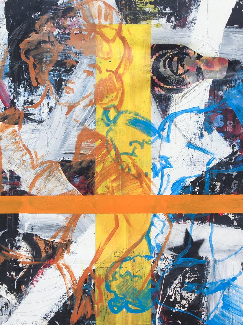 John Cox Untitled Abstraction: Cox, John (Bahamian, b. 1973) framed untitled abstraction with female facial figure outlines under glass, acrylic and pencil on paper with some collage elements, pencil-signed and dated ('98) lower le