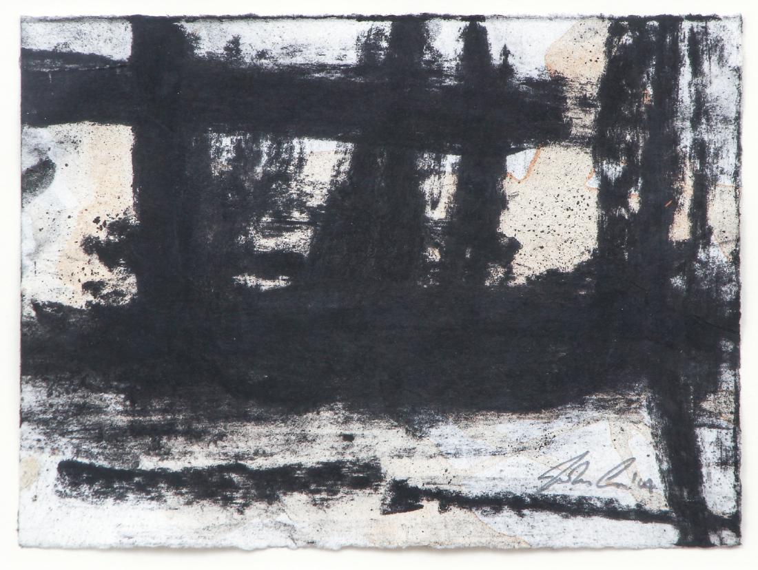 Group of John Cox Mixed Media Abstractions: Cox, John (Bahamian, b. 1973), group of 5 black, white and light brown mixed media abstractions under glass, all pencil-signed and dated (2004), pieces varying slightly in size, all in thin black fram