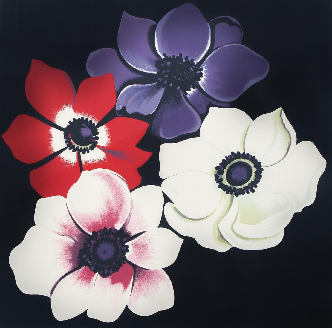 Lowell Nesbitt 1980 orig serigraph Four Anemones: Nesbitt, Lowell (American 1933-1993), Four Anemones, 1980, Medium: serigraph printed in colors, Dimensions: 29 x 29 inches, Edition Number: 101/200, Description: a signature Nesbitt Floral image, Sign