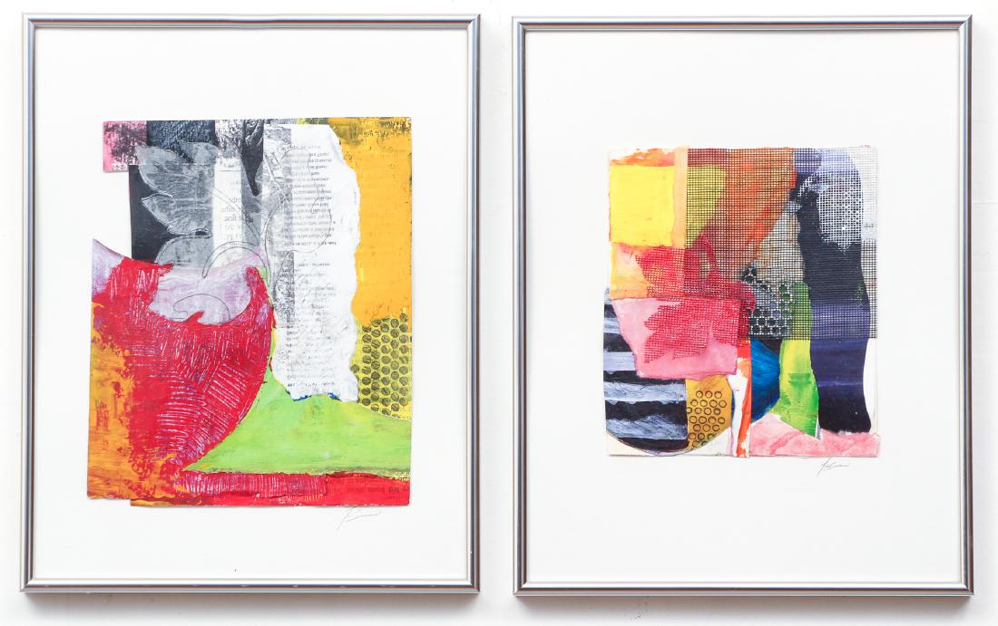Pair Sid Swann Mixed Media Collages: Swann, Sid (Contemporary American) Pair brightly colored framed mixed media collages under glass, both pencil-signed lower right "Swann," collage areas measure 7.75" x 6.75" and 9.5" x 8" in thin, sil
