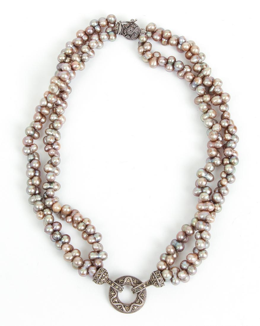 Sterling Marcasite Taupe Pearl Necklace: Two-strand sterling marcasite taupe pearl necklace with a delicate round sterling pendant. 8" in length.