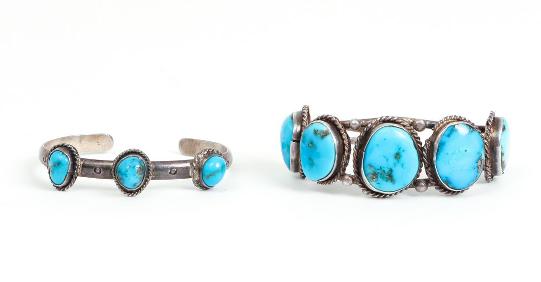 Two Indian Silver and Turquoise Cuff Bracelets (1 of 5)