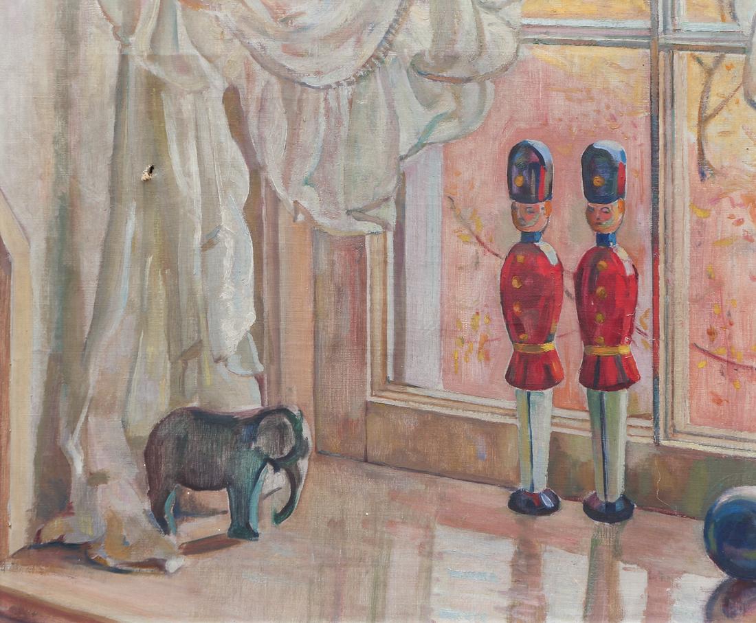Toy Soldier and Elephant Painting: Oil on canvas painting of window sill with two toy soldiers and toy elephant, artist unknown, 14.5" x 17.5" in a copper frame measuring 18" x 21.5". Provenance: The estate of Richard Mellon Scaife, Pi