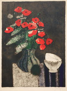 Rene Genis Color Lithograph of Poppies: Genis, Rene (French, 1922-2004), Poppies Still Life, lithograph printed in colors, 26.5 x 19.5 inches, pencil signed and inscribed Epreuve d\'artiste lower margin, framed in a silver frame with red un