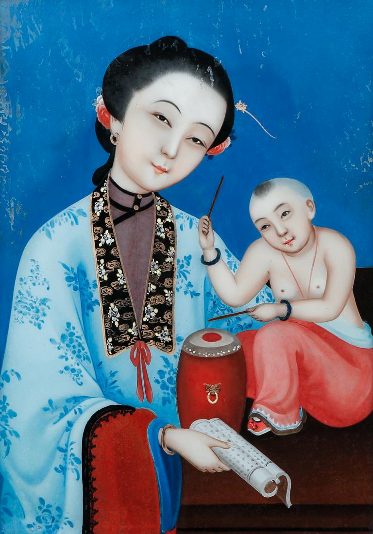 Chinese Eglomise Reverse Painting: Chinese eglomise reverse painting, late 18th century, depicting a mother and a small child playing a drum against a blue background with silver & gilded highlights. Original wood frame with metal hang