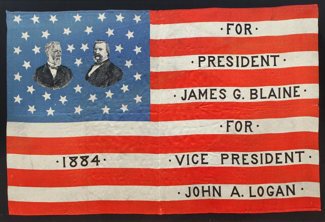James Blaine John Logan Campaign Flag: A printed silk flag with thirty eight stars surrounding bust portraits of Blaine and Logan, featuring hand sewn edging and the date 1884 and the following phrase: For President / James G. Blaine / For