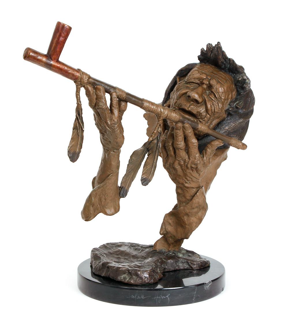 Mark Hopkins Native American Themed Bronze: Hopkins, Mark (American, Contemporary) Grandfather's Prayer, bronze on marble turntable, 22 of an edition of 500, 18 by 18 inches, along with paperwork.