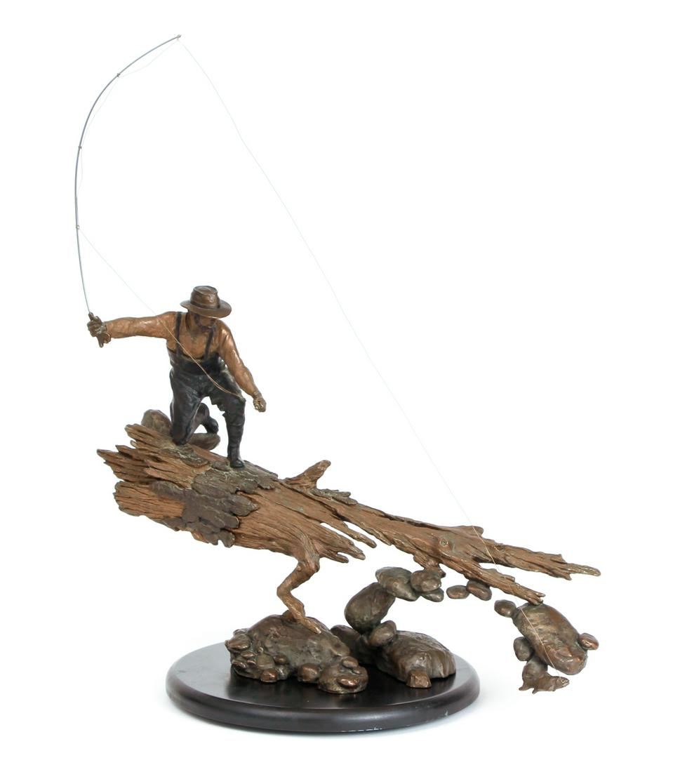 Mark Hopkins Fly Fishing Bronze: Hopkins, Mark (American, Contemporary) The Take, bronze on turntable, 224 of an edition of 450, 25 by 21 inches, along with paperwork.