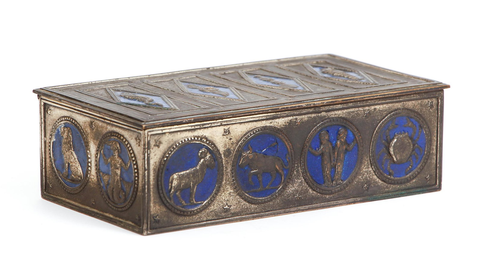 Oscar Bach Silvered Bronze and Enamel Box: Oscar Bach silvered bronze and enamel Zodiac themed box, with a cedar lining, marked on the bottom Oscar Bach, measuring 2 by 7 by 2 3/4 inches.