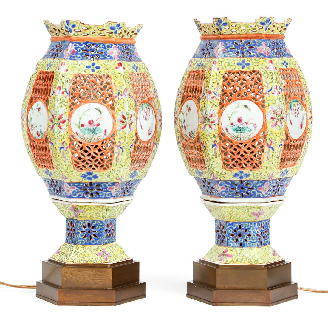 Pair of Antique Chinese Lantern Form Lamps: Pair of antique Chinese Lantern form lamps, with stepped bronze bases made by Fred Blair, 14 by 7 inches.