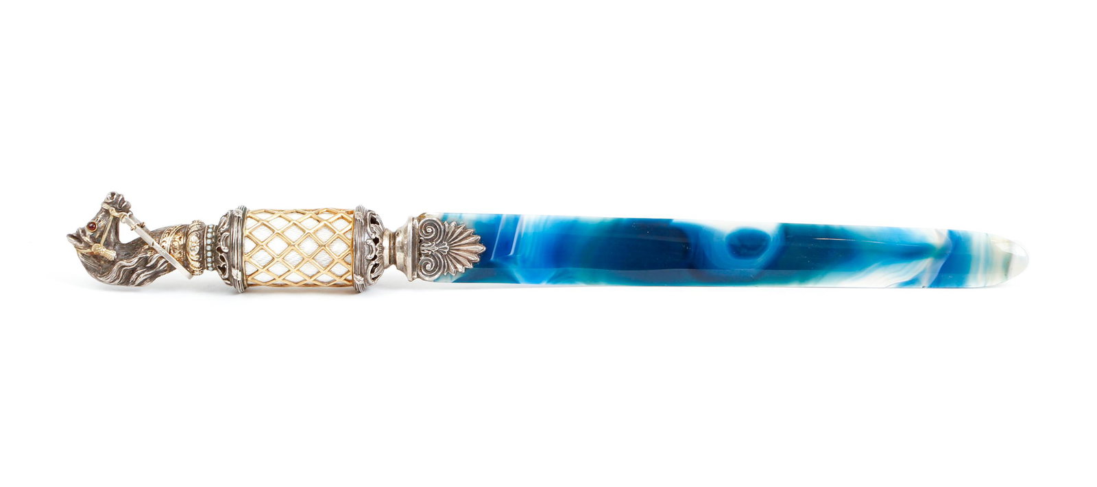 Russian Guilloche Enamel and Agate Letter Opener: Russian guilloche enamel and silver letter opener, with an agate blade, the horse head shaped top having pearl, ruby and gilt highlights, marked MHI and 88, 11 inches.