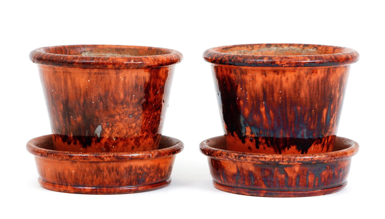 Two John Bell Redware Planters: Two John Bell, Waynesboro, PA redware planters, 5 by 6 inches.