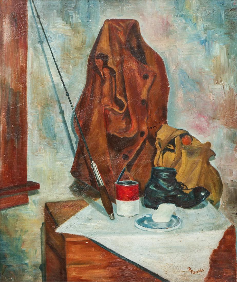 Dorothy Davids painting Fisherman Still Life: Davids, Dorothy Lauer (American, 1904 - 1980), Still Life , Fisherman's Return, oil on board, 26 x 22 inches, signed lower right, framed in a brown wood frame measuring 29 x 25 inches