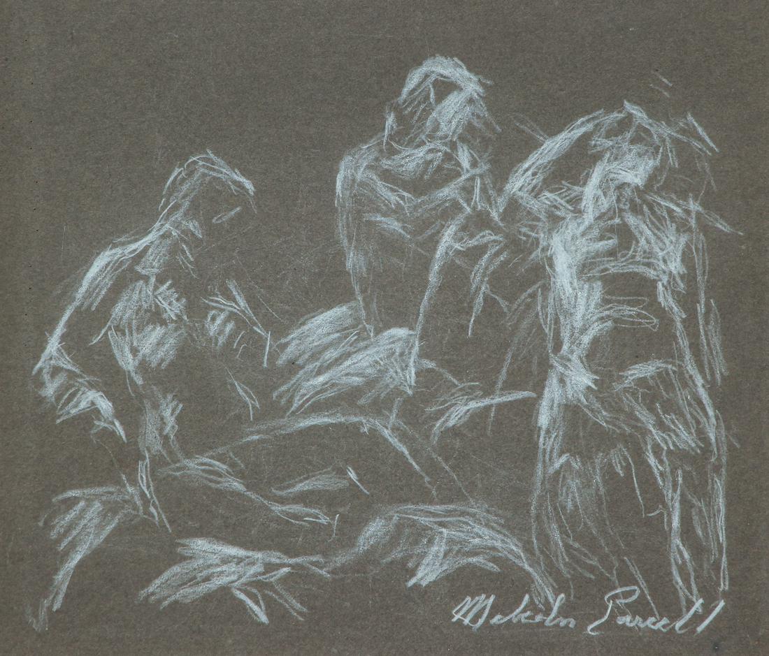 Malcolm Parcell chalk drawing Nude Figure Studies: Parcell, Malcolm Stephens (American 1896 - 1987), Three Nude Figures in Various Poses, chalk on grey toned paper, 9 x 10.5 inches, signed M. Parcell lower right, framed in an gilded wood frame measuri