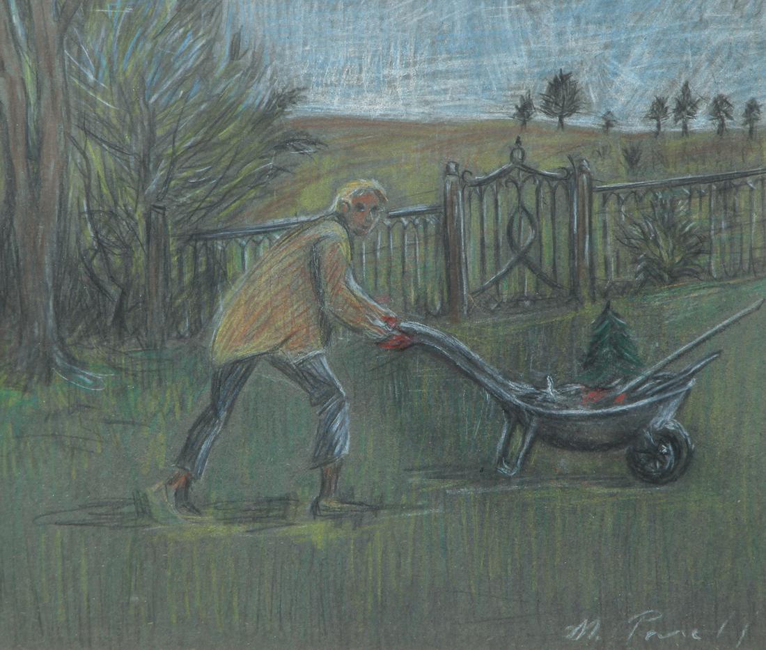 Malcolm Parcell chalk drawing Bringing In The Christmas: Parcell, Malcolm Stephens (American 1896 - 1987), Bringing In the Small Christmas Tree, chalk and colored pencil on grey toned paper, 9.5 x 11.25 inches, signed M. Parcell lower right, framed in an gi