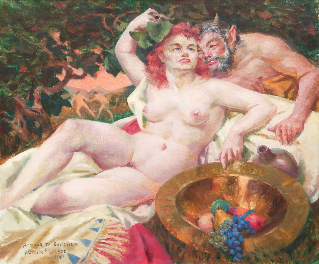 Malcolm Parcell 1981 oil Homage to Boucher: Parcell, Malcolm Stephens (American/Western Pa. 1896 - 1987), Homage to Boucher (Nude and Satyr) 1981, oil on canvas, 21 x 25 inches, signed , dated, and titled lower left, framed in a Baroque style h