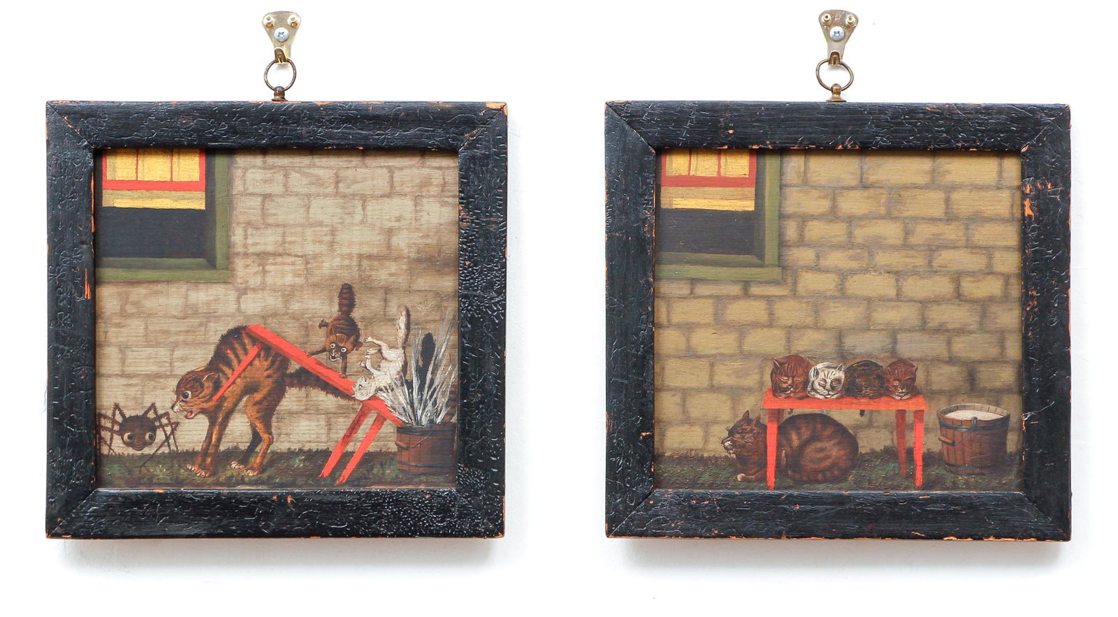 Folk Art Painting Cat Kittens Spider: Two folk art paintings, the first showing a cat with four kittens at rest, and the second showing the cat startled by a large, humorously drawn spider with the kittens being unceremoniously dumped int