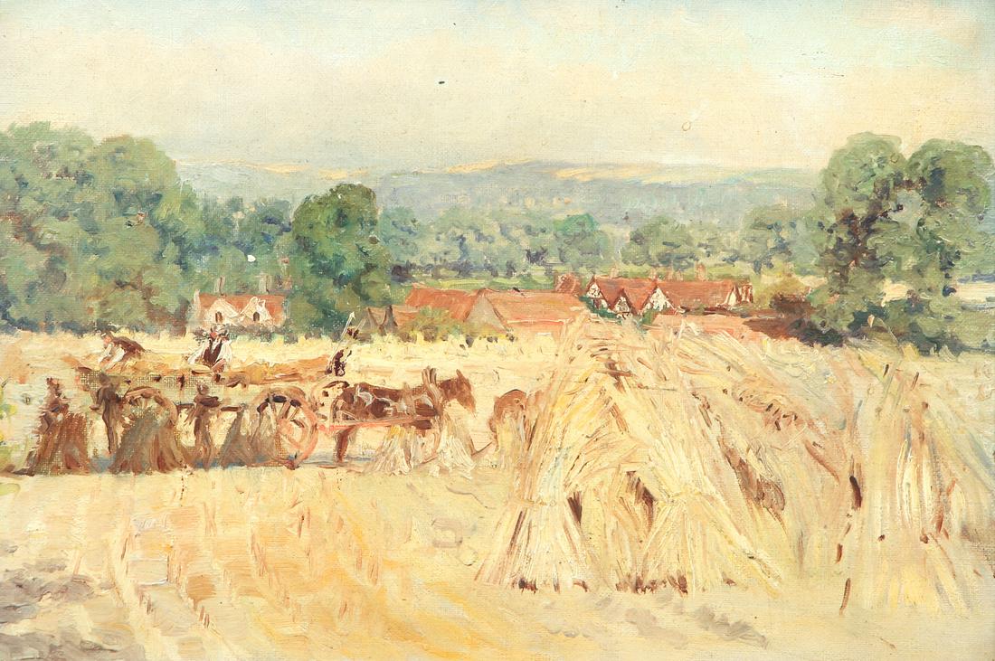 Anna Mary Richards Brewster ptg. Wheatfield on Edge of: Brewster, Anna Mary Richards (American 1870 - 1952), Wheatfield on Edge of a Village, oil on canvas, 8.25 x 12.5 inches, apparently unsigned, Provenance: Purchased from Estate Sale of Works of W.T. Ri