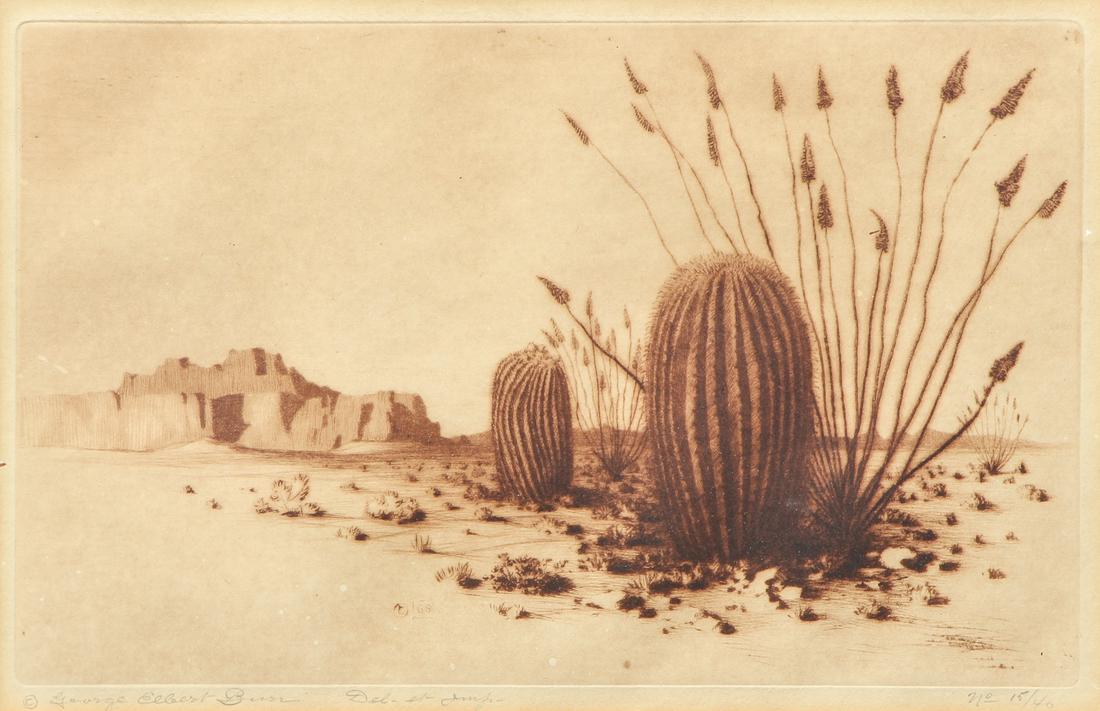 George Burr engraving Barrel Cactus (1): Burr, George Elbert (American 1859-1939), Barrel Cactus #1, (Seeber Catalog #205), engraving, 5 x 7.75 inches, pencil signed and numbered 15/40, signed, copyrighted, and with printed monogram in the l