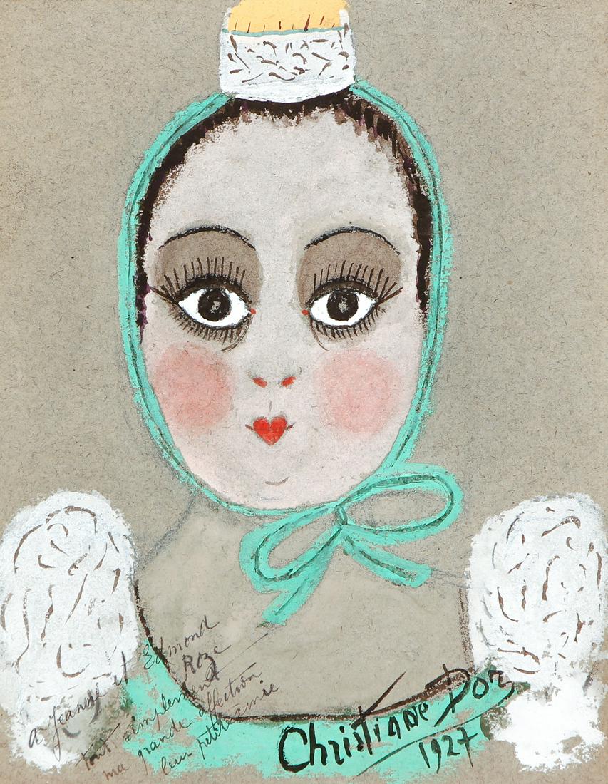 Self Portrait of French Actress Christiane Dor: Dor, Christiane (French, 1892-1939) self portrait, with dedication to Jeanne Silvain and Edmond Roze, watercolor, 8 by 6 1/2 inches, unframed.
