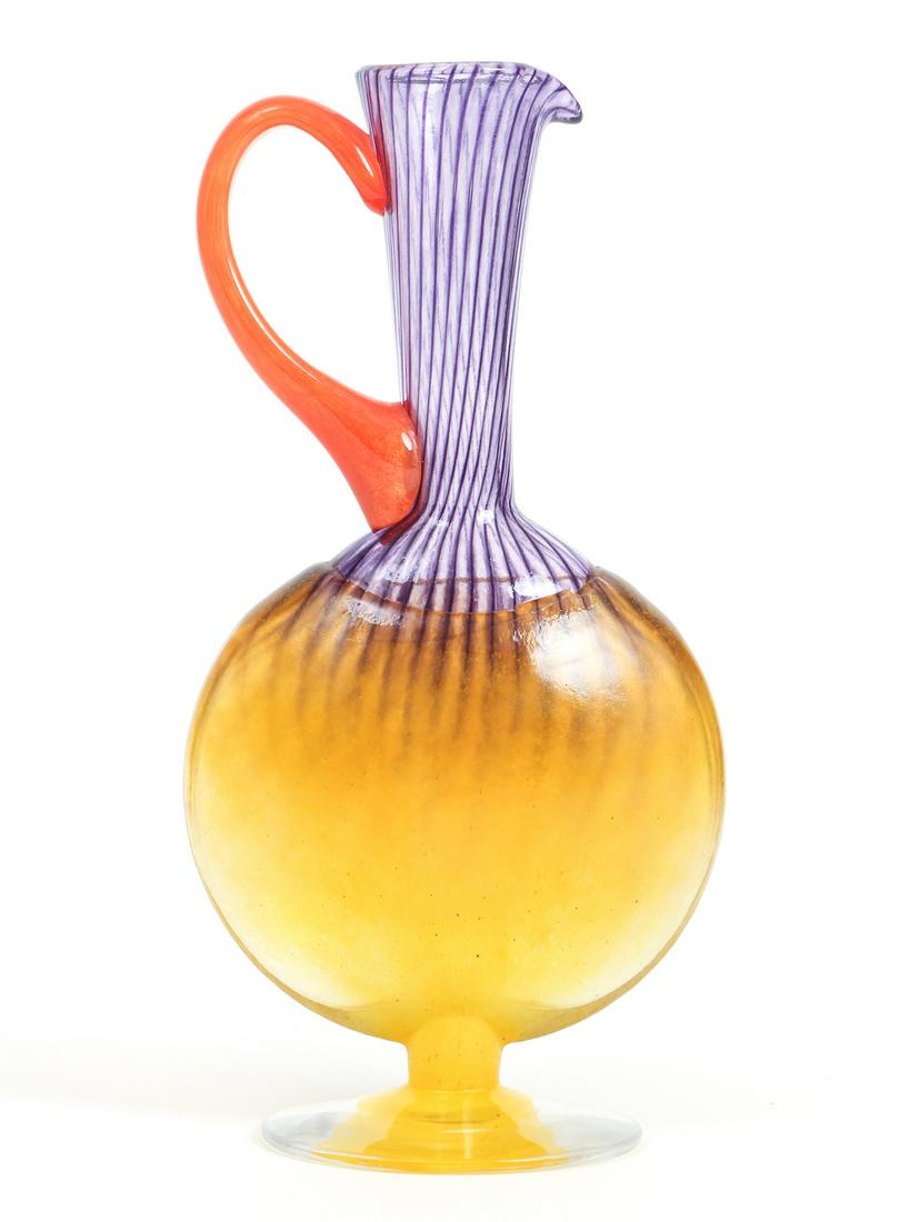 KOSTA BODA glass vase by KJELL ENGMAN: Artist: KJELL ENGMAN for KOSTA BODA, Title: Glass Pitcher with Handle, Medium: blown, lattice glass and gathered glass, Dimension: 10.5 inches, Signature: incised KOSTA BODA KJELL ENGMAN on underside
