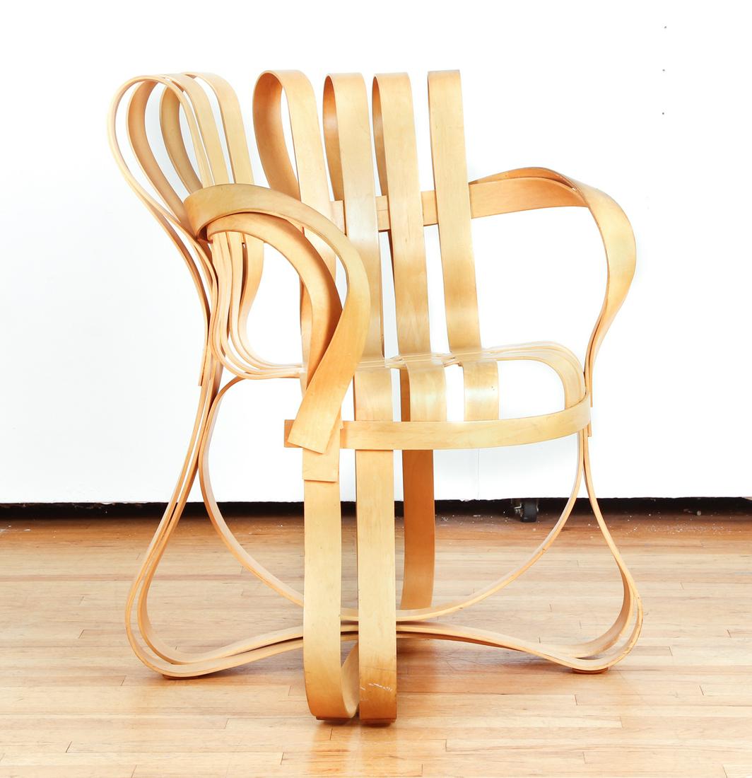 Frank Gehry white maple Cross Check Chair, 1990: Gehry, Frank (Canadian, born 1929), Cross Check Chair, 1990, hard white maple veneer strips, 35 x 28 x 26 inches, with Gehry and Knoll stamps on underside